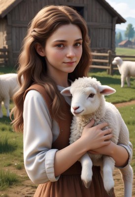 A young woman holds a lamb in a field near a barn
