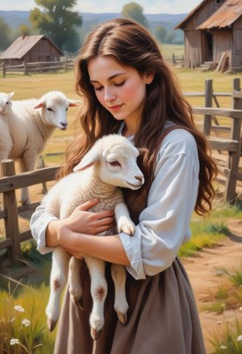 A woman holds a lamb in her arms on a farm