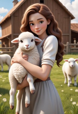 A young woman smiles while holding a lamb in a field