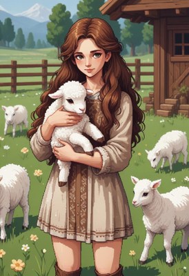A girl holds a lamb in a field with other lambs