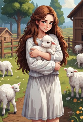 A woman holds a lamb in a field with other lambs
