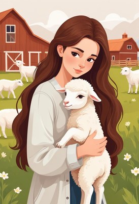 Young woman with a lamb in a field by barns
