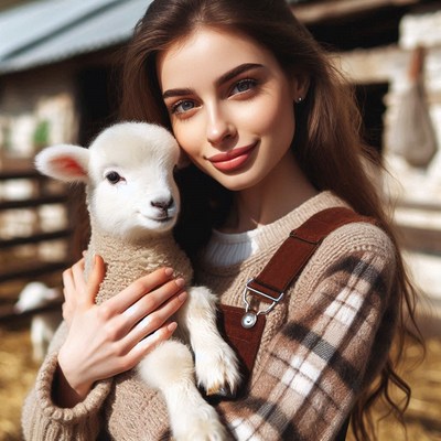 A woman holds a white lamb in her arms on a farm