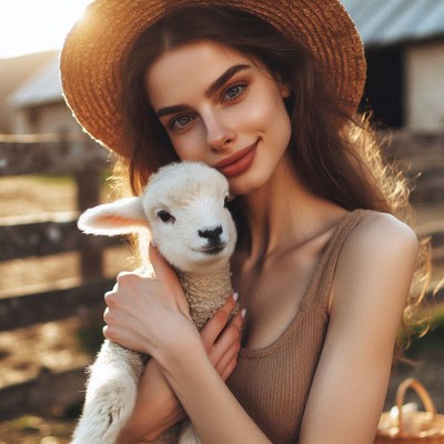 A woman in a straw hat holds a lamb on a farm