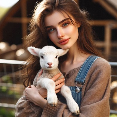 A woman holds a white lamb in a field
