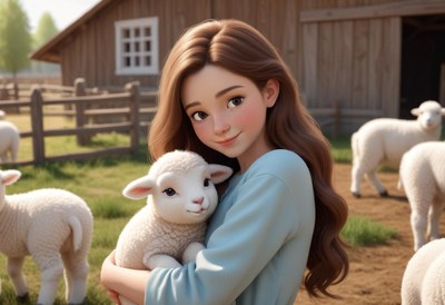 A girl holds a lamb in a field