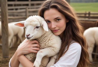 A woman holds a lamb in a farm
