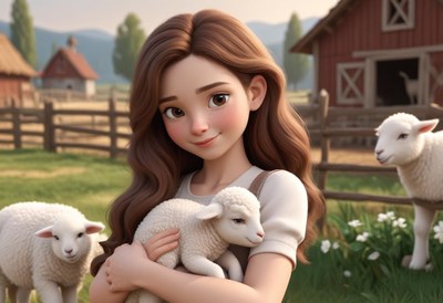 A young girl holds a lamb in a rural setting