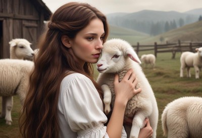 A woman holds a lamb in a field