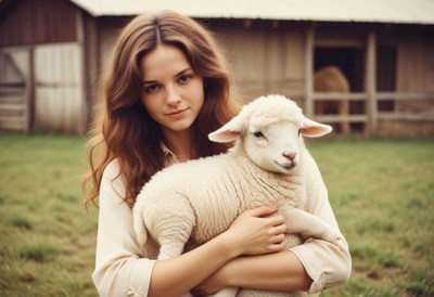 A woman holds a lamb in a field