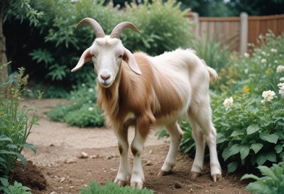 A brown and white goat stands in a garden