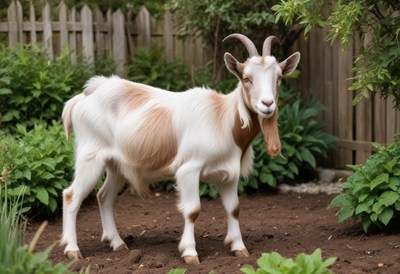 A white and brown goat stands in a garden