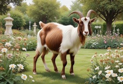 A brown and white goat stands in a grassy garden