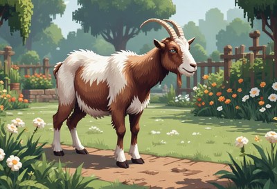 A brown and white goat stands on a path in a garden