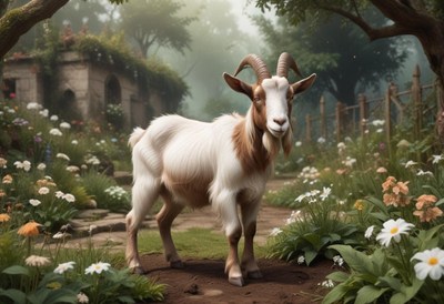A brown and white goat stands in a foggy forest garden