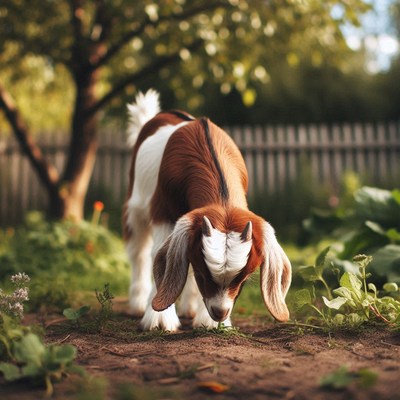 A brown and white goat grazes in the garden