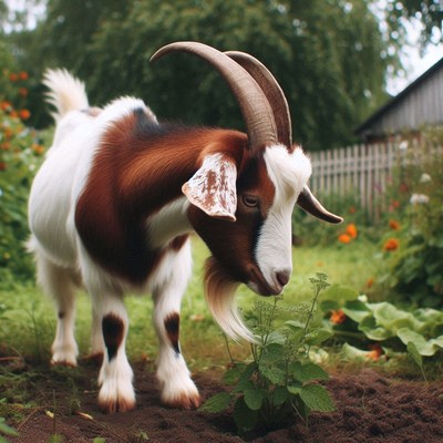 A brown and white goat eats a plant in a garden