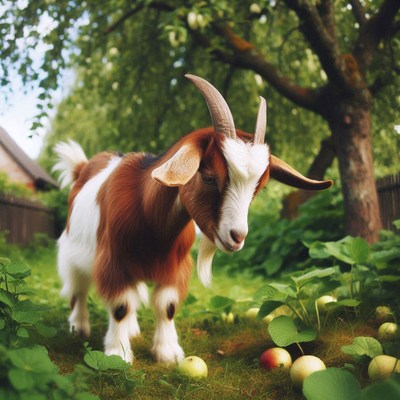 A brown and white goat walks through a grassy field