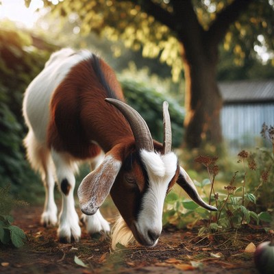 A brown and white goat grazes in the grass