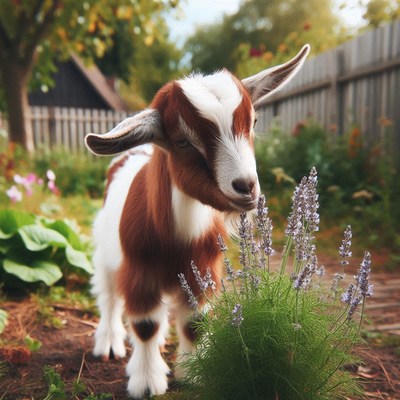 A young goat sniffs lavender in a garden