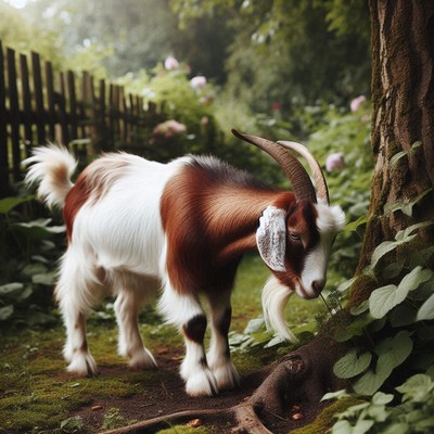 A brown and white goat grazes near a tree