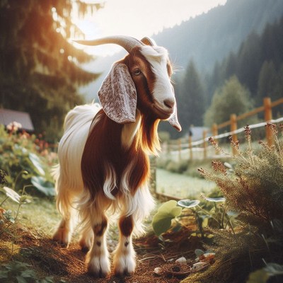 A brown and white goat stands in a field