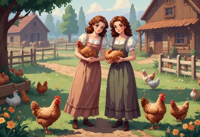Two women hold chickens in a rural setting