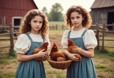 Twin girls hold chickens on a farm