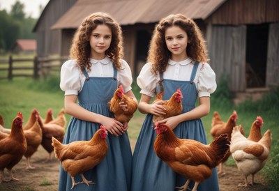 Twin girls hold chickens in a rural setting