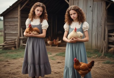 Two girls hold chickens in front of a rustic barn