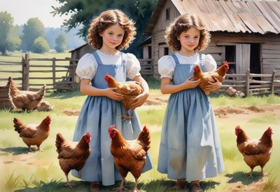 Twin girls hold chickens in a rural setting