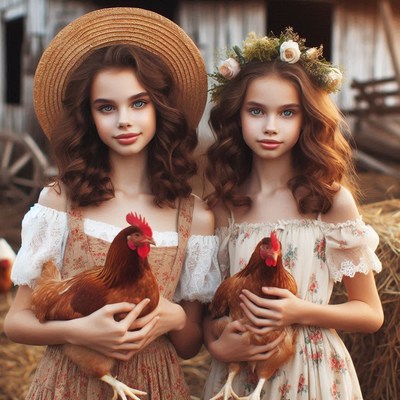 Two girls hold chickens in a rustic setting