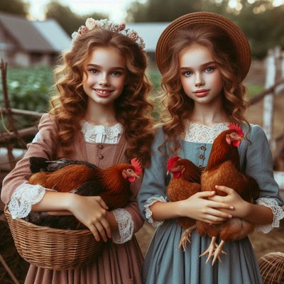 Two girls hold chickens in a rustic setting