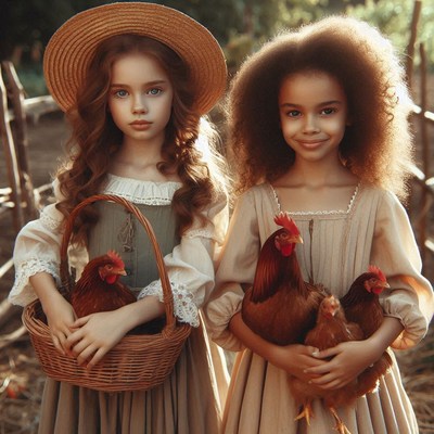 Two girls hold chickens in a forest