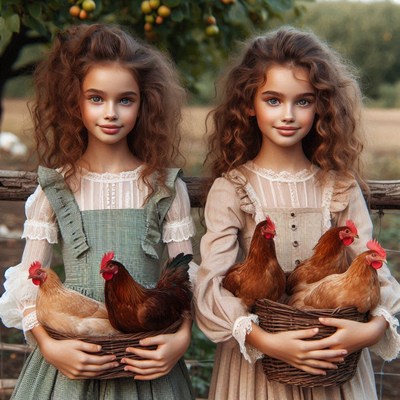 Two girls hold baskets of chickens