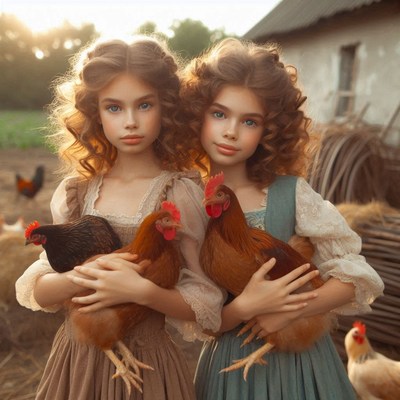Twin girls hold chickens in a rural setting