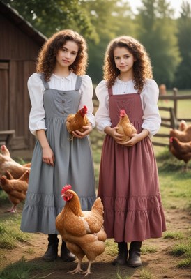 Two girls hold chickens in a farm setting
