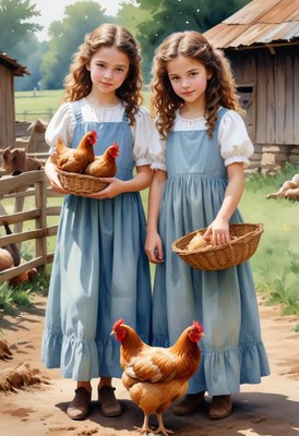 Two girls hold baskets of chickens on a sunny farm