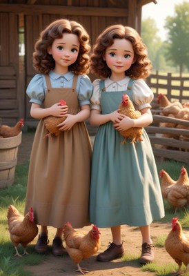 Two girls hold chickens in a farm setting