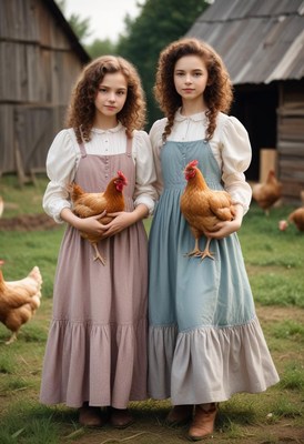 Two girls hold chickens on a farm