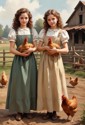 Two girls hold chickens in a rural setting