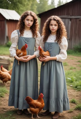Two girls hold chickens in front of a barn