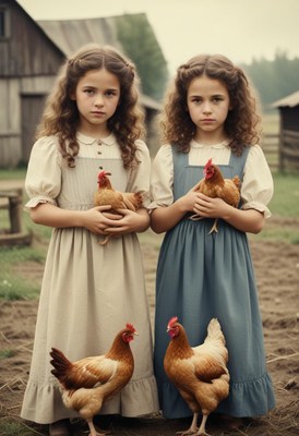 Two girls hold chickens on a farm