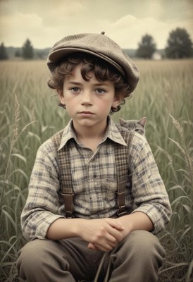 A young boy sits in a field with his cat