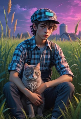 A young man sits in a field with his cat at sunset