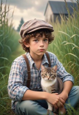 A boy in a cap sits with a cat in a field