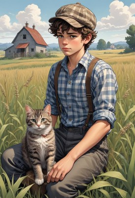 A young boy sits in a field with his cat