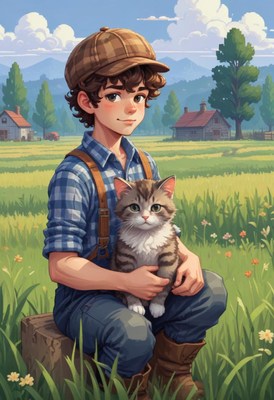 A boy sits in a field, holding a cat