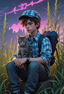 A young boy sits in tall grass, holding a kitten