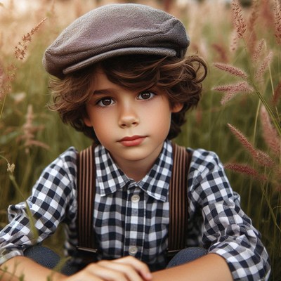 Boy in plaid shirt and cap stands in tall grass